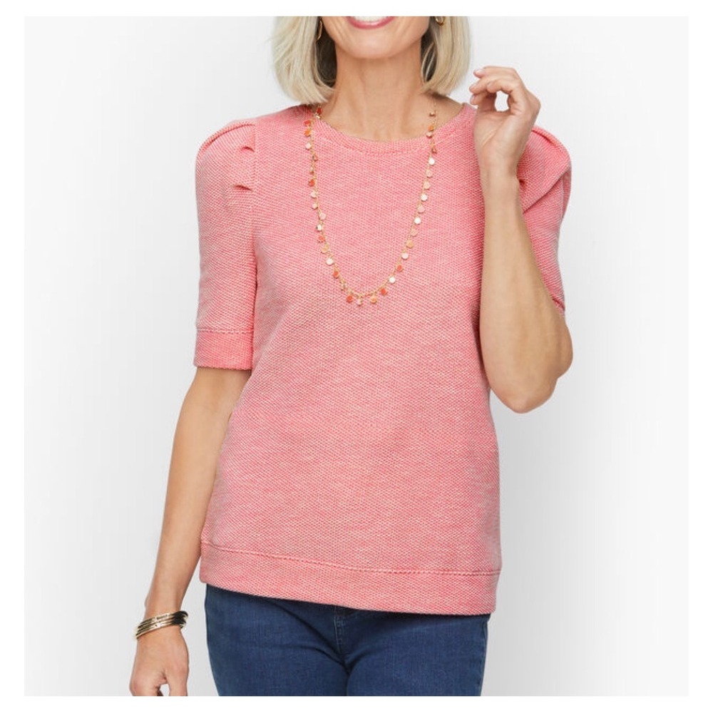 Talbots Pink Textured Puff Sleeve Short Sleeve Sweatshirt Top LP Large Petite